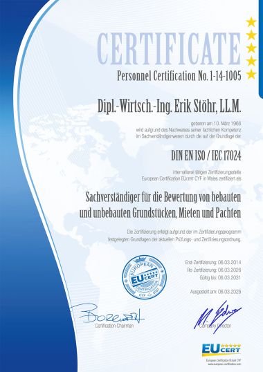 Zertifikat zum Sachverständiger für die Bewertung von bebauten und unbebauten Grundstücken, Mieten und Pachten